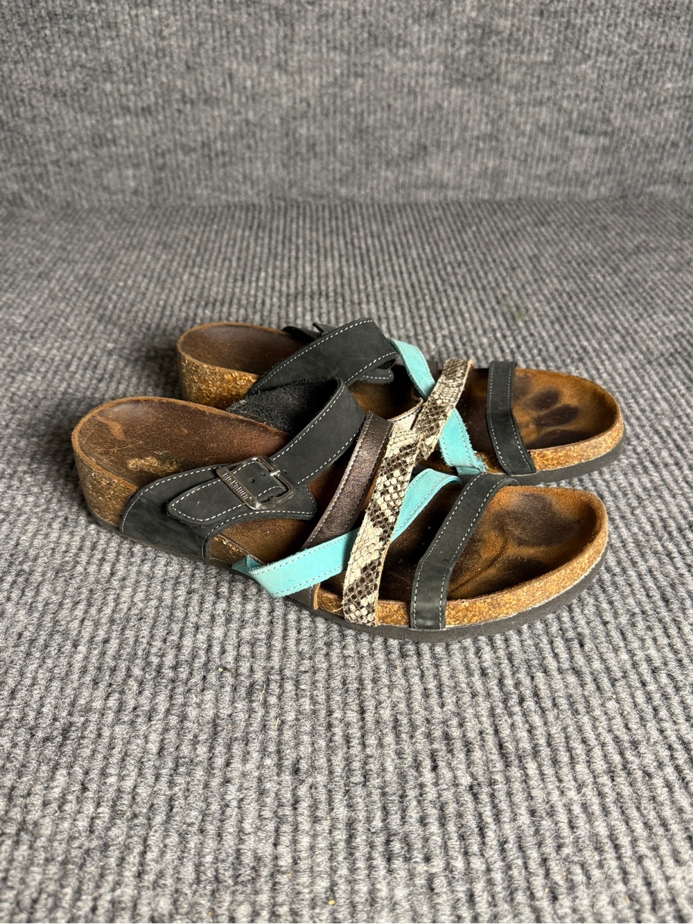 BioNatura Multi-Strap Cork Sandals Black Python Turquoise Size 10